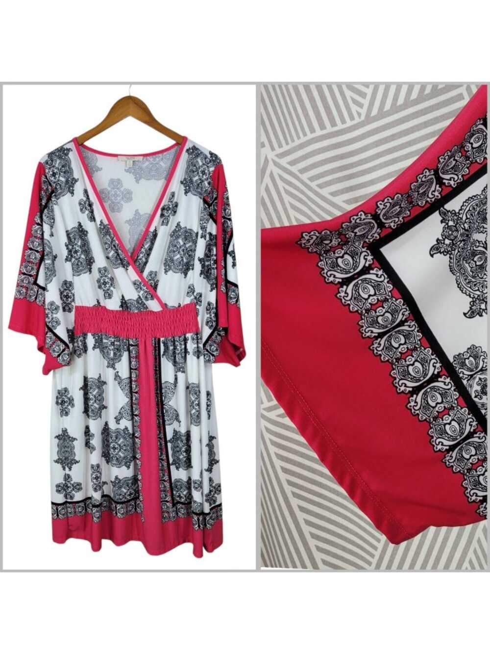 Haani Kimono Sleeve Dress Plus 2X party Geometric  Stretch Y2K VTG White Pink